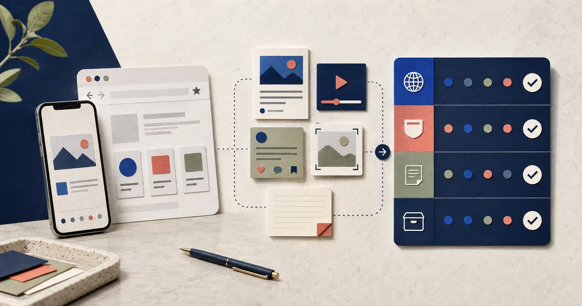 An iPhone, browser card, saved-content cards and a comparison board used to choose a bookmark system.