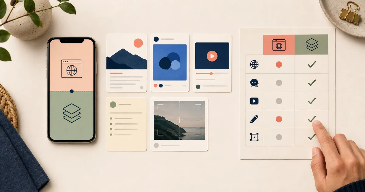 Tarjetas de artículos, videos, notas y capturas junto a un iPhone y una matriz visual para elegir un gestor de contenido guardado.