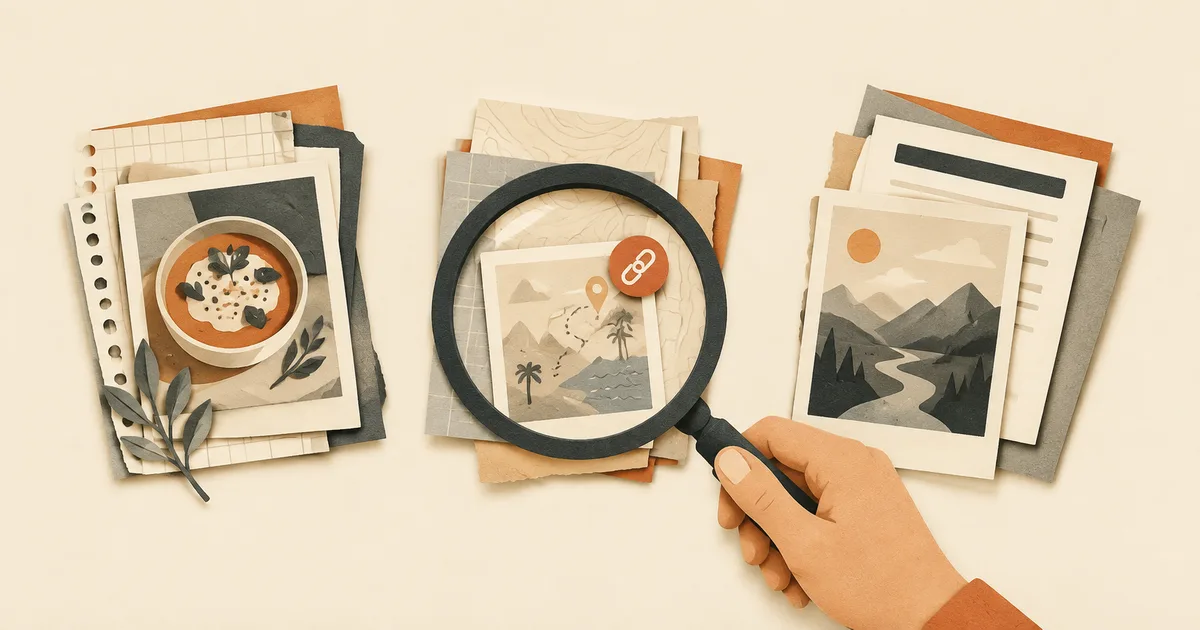 Una lupa localiza una tarjeta de viaje entre colecciones de artículos, videos e imágenes