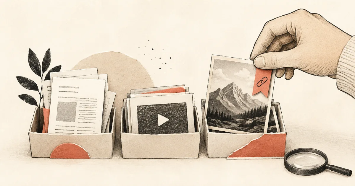 A hand retrieves a source-linked landscape card from separate collections of articles, videos and images