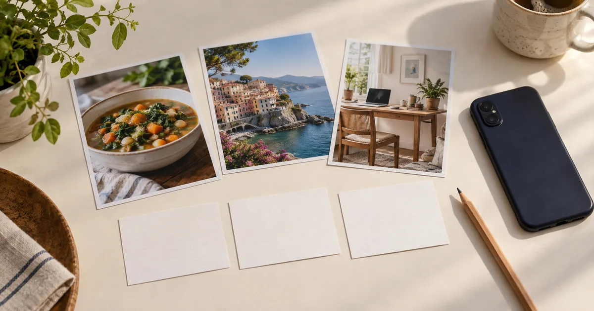 Fotografías de una receta, un pueblo costero y un espacio de trabajo junto a tarjetas y un teléfono.