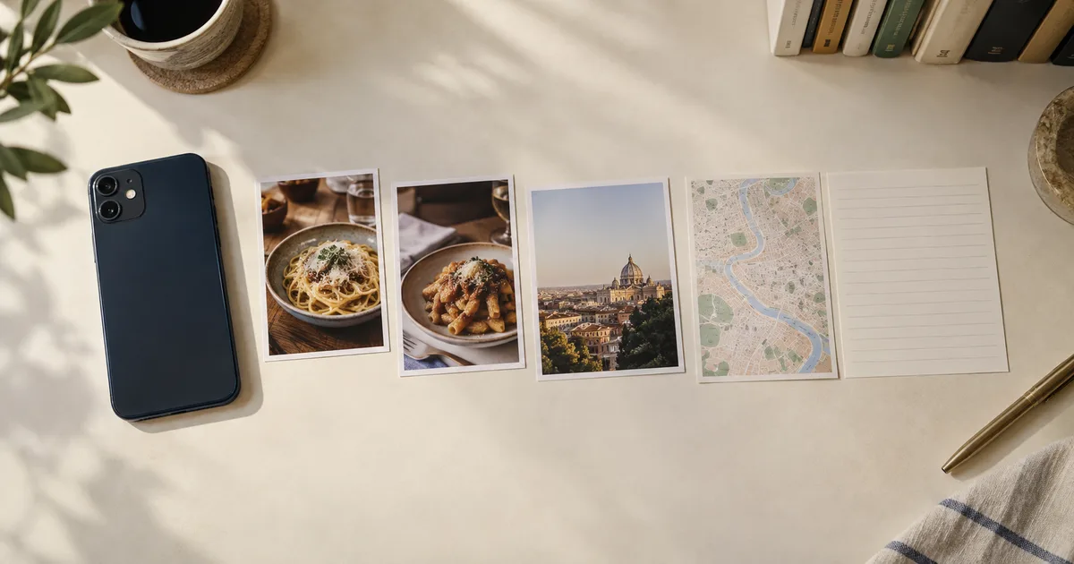 A face-down phone beside printed food and travel references on a cream desk.