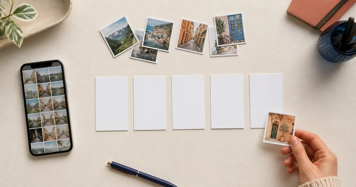 Mano clasificando una foto junto a un teléfono y cinco tarjetas vacías que representan posibles destinos para una captura de pantalla