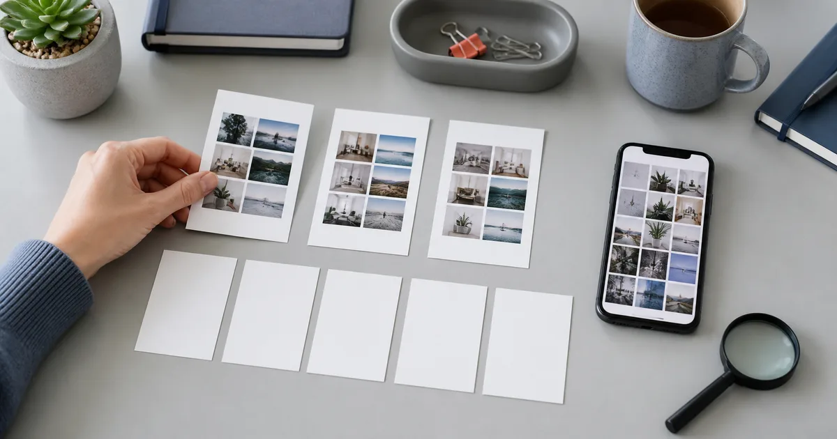 Person sorting printed image grids beside a phone, a magnifying glass and five blank cards for screenshot destinations